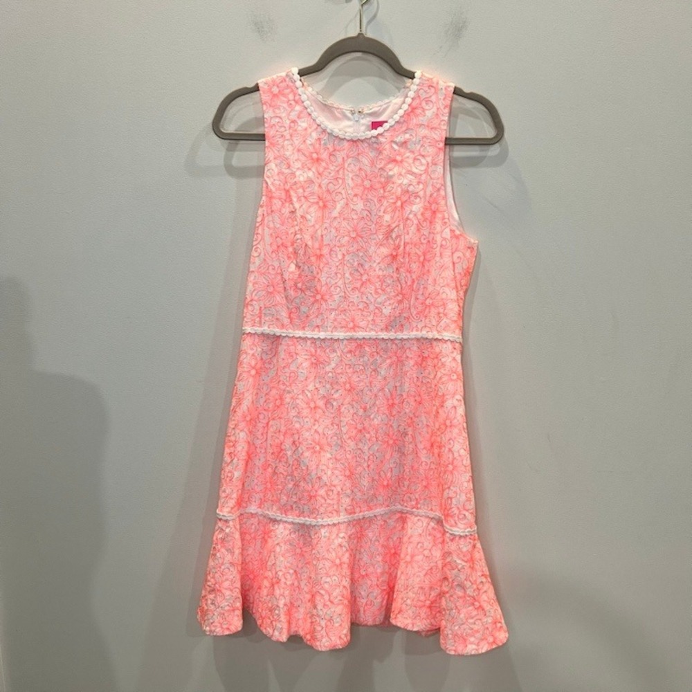 Lilly Pulitzer Ellen Flounce Shift Dress Sz 8 Neon Cantaloupe 100% Cotton Preppy